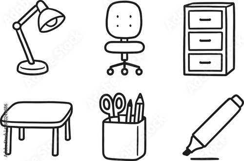 hand drawn cute out doodle style isolated office desk lamp office swivel chair office filing cabinet office meeting table office desktop organizer office whiteboard marker