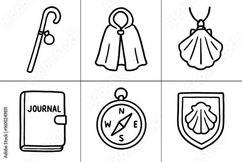 hand drawn cute out doodle style isolated pilgrim walking staff pilgrim cloak pilgrim shell pendant pilgrim travel journal pilgrim compass pilgrim badge