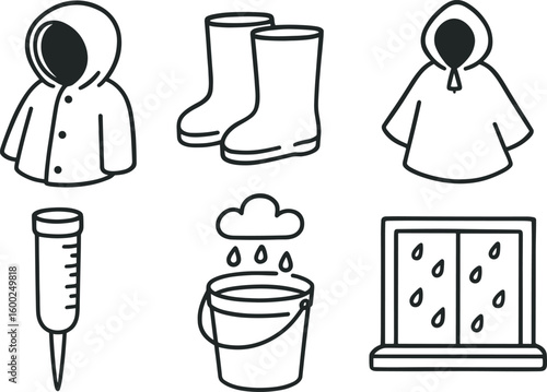 hand drawn cute out doodle style isolated raincoat hood rain boot covers rain poncho rain gauge rainwater collector rain window seal