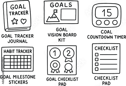 hand drawn cute out doodle style isolated goal tracker journal goal vision board kit goal countdown timer goal habit tracker pad goal milestone stickers goal checklist pad