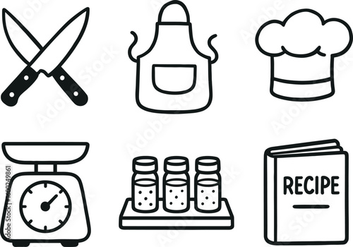hand drawn cute out doodle style isolated chef knife chef apron chef toque hat chef kitchen scale chef spice rack chef recipe book