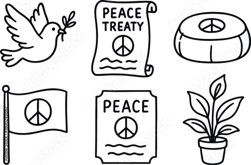 hand drawn cute out doodle style isolated peace dove sculpture peace treaty scroll peace meditation cushion peace flag banner peace proclamation plaque peace lily plant
