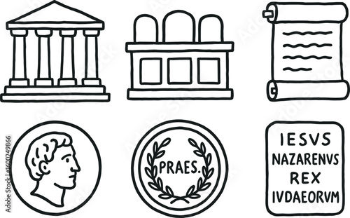 hand drawn cute out doodle style isolated Pilate judgment hall Pilate tribunal bench Pilate governance scroll Pilate coin medallion Pilate governor s seal Pilate edict tablet