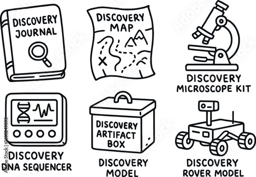 hand drawn cute out doodle style isolated discovery journal log discovery epedition map discovery microscope kit discovery DNA sequencer discovery artifact bo discovery rover model