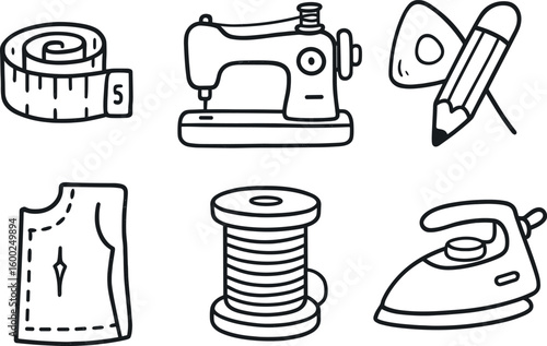 hand drawn cute out doodle style isolated tailor measuring tape tailor sewing machine tailor chalk pencil tailor pattern paper tailor thread spool tailor pressing iron