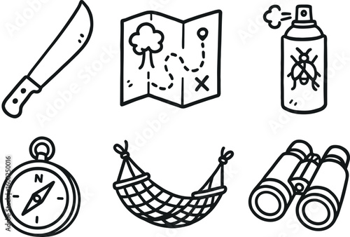 hand drawn cute out doodle style isolated jungle machete tool jungle canopy map jungle insect repellent spray jungle field compass jungle hammock net jungle binoculars