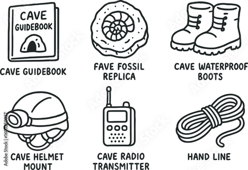 hand drawn cute out doodle style isolated cave guidebook cave fossil replica cave waterproof boots cave helmet mount cave radio transmitter cave hand