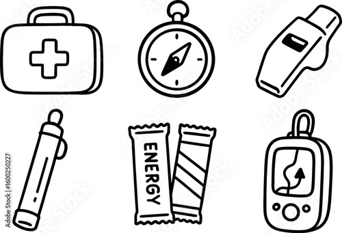 hand drawn cute out doodle style isolated hiking first aid kit hiking compass whistle hiking water purification straw hiking energy bar assortment hiking insect repellent bracelet hiking
