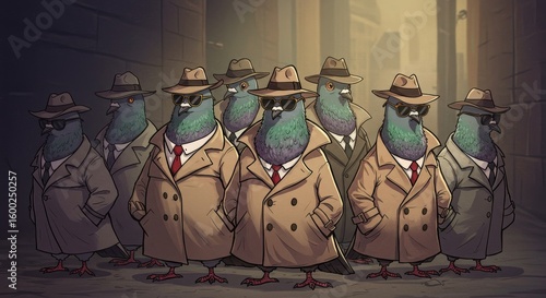 Pigeon syndicate cartoon illustration: A humorous take on urban espionage and avian undercover