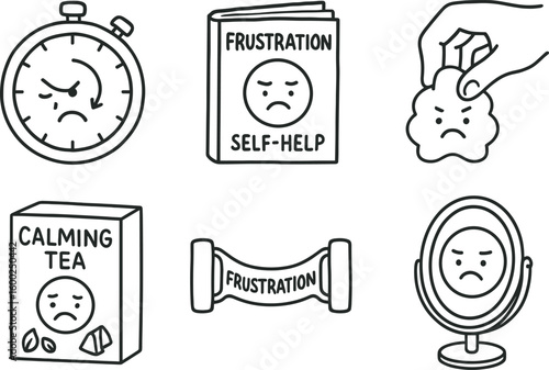 hand drawn cute out doodle style isolated fstration breathing timer fstration self help book fstration pinch toy fstration calming tea sampler fstration resistance band fstration reflection
