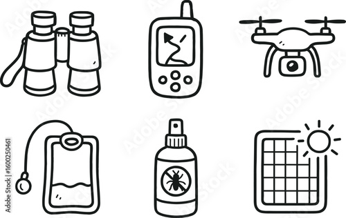 hand drawn cute out doodle style isolated eplorer binoculars strap eplorer GPS device eplorer drone camera eplorer hydration bladder eplorer insect repellent eplorer solar charger