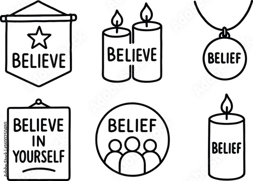 hand drawn cute out doodle style isolated belief tapestry wall art belief candle belief pendant necklace belief motivational poster belief community badge belief pillar candle