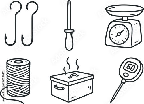 hand drawn cute out doodle style isolated butcher meat hooks butcher sharpening steel butcher scale butcher twine roll butcher smoker bo butcher meat probe thermometer