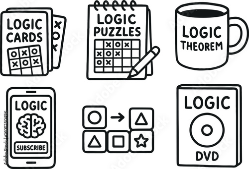 hand drawn cute out doodle style isolated logic reasoning cards logic puzzle pad logic theorem mug logic brain teaser subscription logic sequence blocks logic instctional DVD