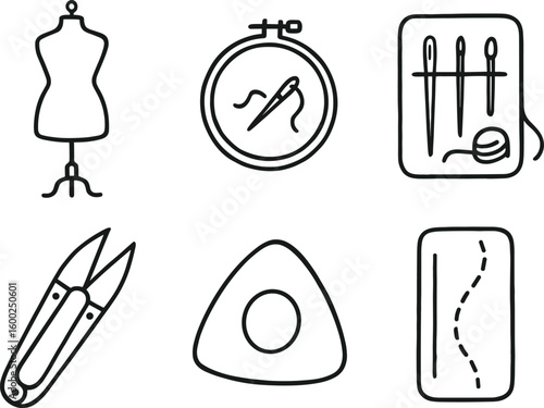 hand drawn cute out doodle style isolated seamstress dress form seamstress embroidery hoop seamstress needle kit seamstress thread snips seamstress tailor chalk seamstress stitching guide