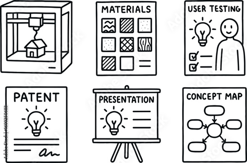 hand drawn cute out doodle style isolated invention printer model invention materials sampler invention user testing sheet invention patent template invention presentation board invention