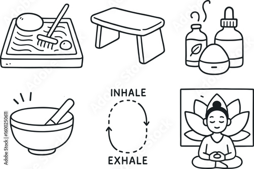 hand drawn cute out doodle style isolated meditation zen garden kit meditation posture bench meditation essential oil meditation sound bowl meditation breathing chart meditation wall mural