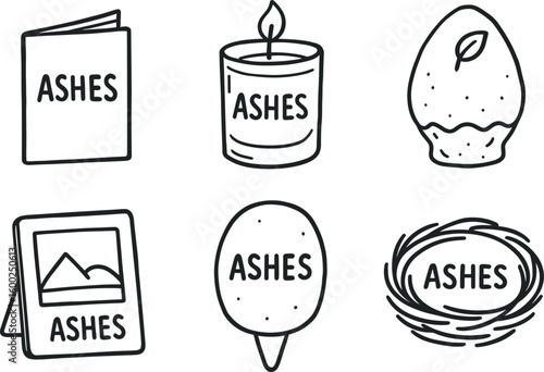 hand drawn cute out doodle style isolated ashes remembrance booklet ashes memorial candle ashes biodegradable pod ashes photo frame ashes garden marker stone ashes cradle nest