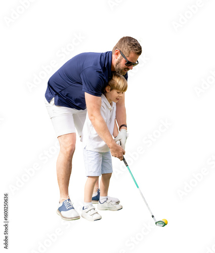 Young father teaching his son to play golf. Sport on transparent background. Png