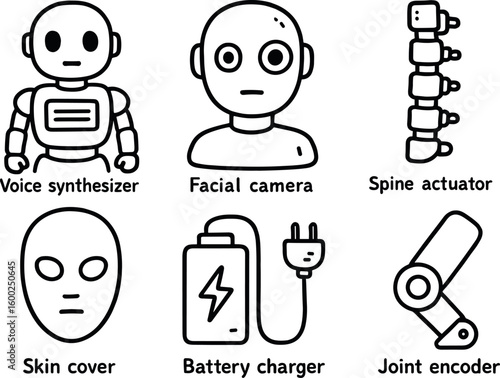 hand drawn cute out doodle style isolated humanoid robot voice synthesizer humanoid robot facial camera humanoid robot spine actuator humanoid robot skin cover humanoid robot battery