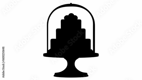 Silhouette of a three tiered cake under a glass dome on a pedestal stand isolated on white background
