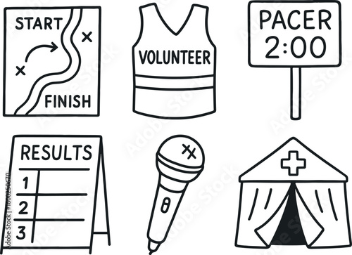 hand drawn cute out doodle style isolated race route map race volunteer vest race pacer sign race results board race announcer microphone race medical tent