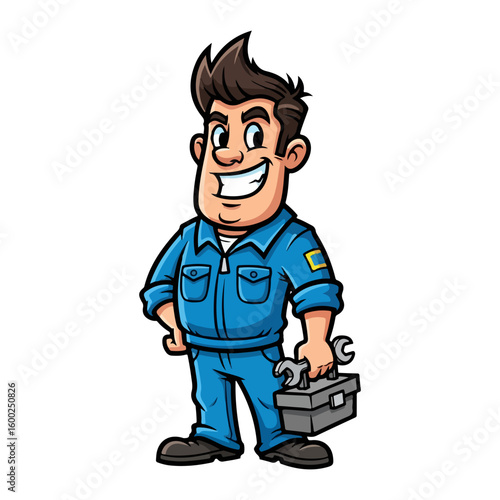 Cartoon character of mechanic wearing blue work clothes. Colored cartoon with line art and white background. AI generated image.
