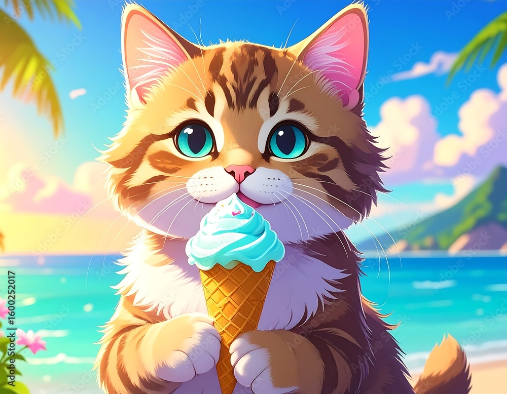 Obraz premium Cute cat eating an ice cream cone on the beach in anime style, conveying joyful summer and playful animal.