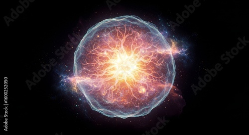 Radiant energy sphere with nebulous filaments against a vast cosmic backdrop
