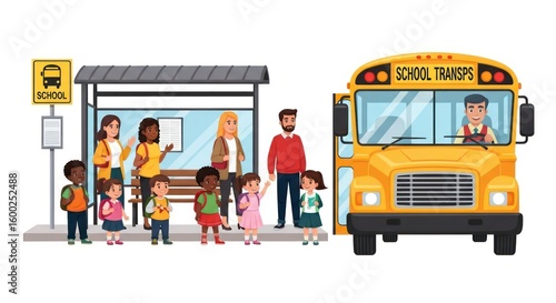 Diverse Students Boarding School Bus: Joyful Back-to-School Scene at Bus Stop