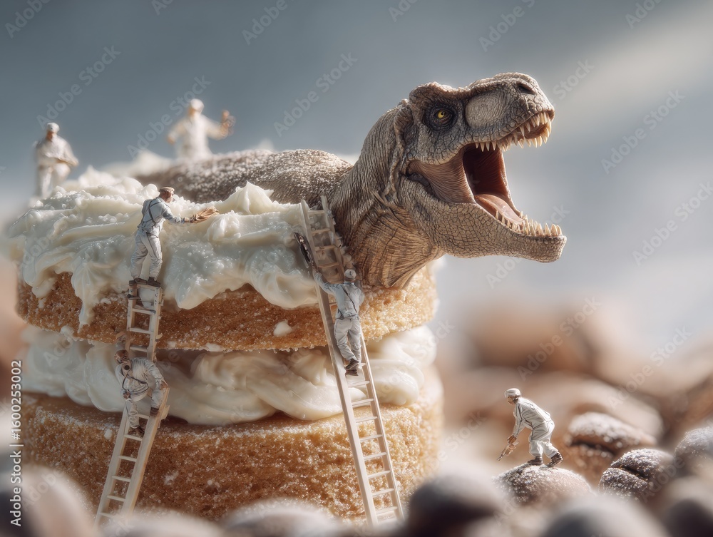 Naklejka premium Tiny workers decorate a giant dinosaur cake