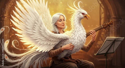 Serene musician with an avian companion creating enchanting melodies in a dreamy ambiance