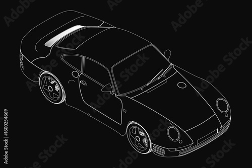 Car in black and white contour drawing, showcasing sleek lines and curves. The detailed illustration highlights the iconic