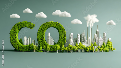 Green co2 lettering inspiring carbon offsetting over polluted city skyline