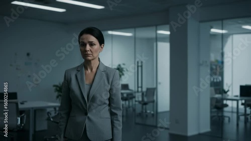 Wallpaper Mural A somber middle-aged businesswoman stands alone in a modern, empty office, looking stressed and contemplative. Torontodigital.ca
