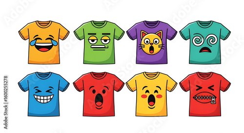 Collection of eight t shirts with cartoon emoji faces isolated on transparent background