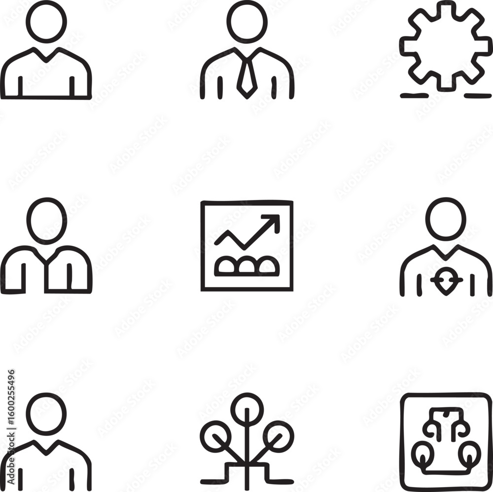 Obraz premium Business and management vector icon set outline icons,editable stroke business people,data analysis,ai integration,organization,communication,customer service,development icon set
