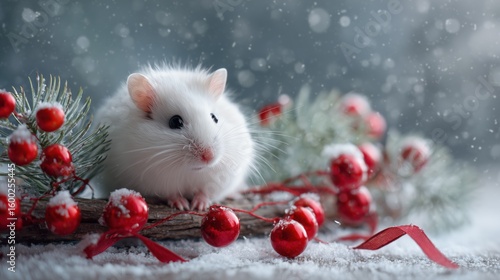 Cute white hamster in winter snow with red berries on a branch for a christmas card.