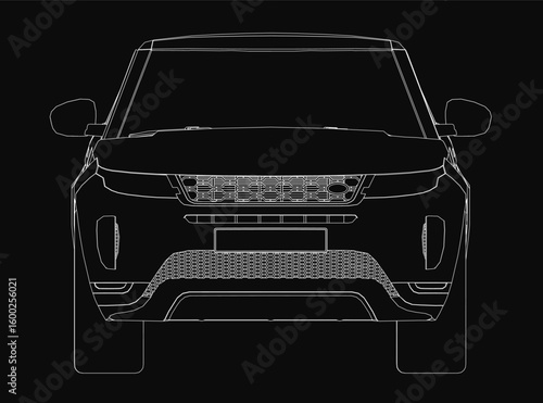 Black and white blueprint of a car featuring clean contour lines and precise technical details. The dark background enhances the minimalist design.