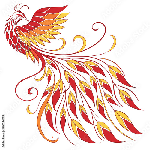 Rooster with fiery feathers in tribal vector art design