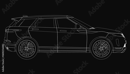 A black and white blueprint of a car contours and precise engineering details. The dark background enhances the technical drawing's clarity.