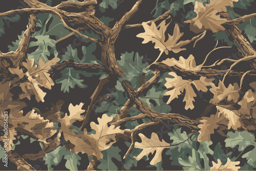 Vector illustration of a camouflage pattern with oak tree branches and leaves, a seamless texture for military design. Useable for hunting and military purposes. 