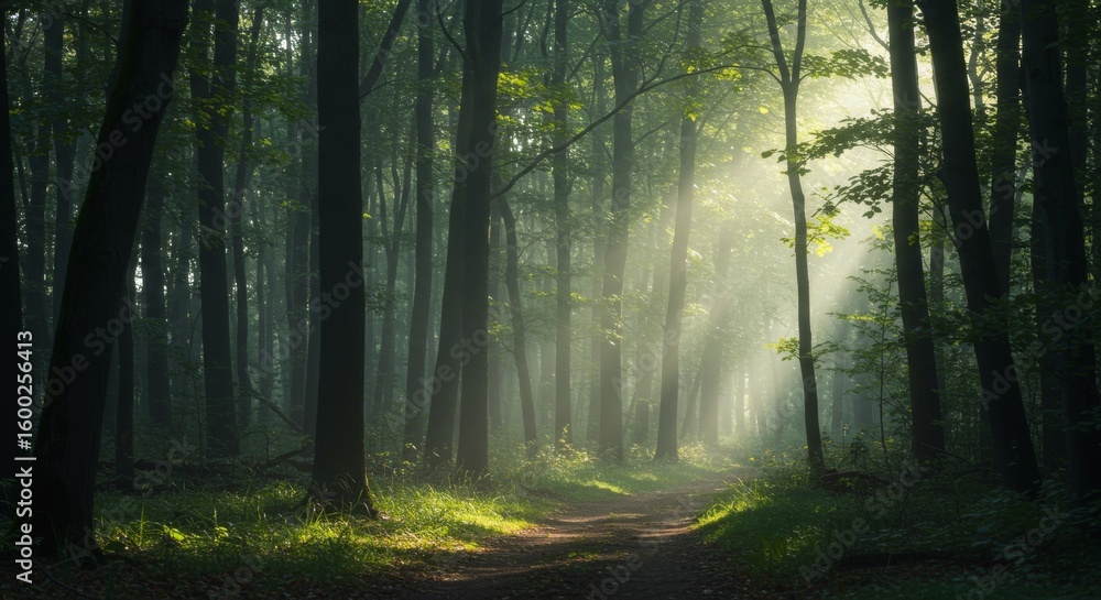 Fototapeta premium Sunlight filtering through dense forest canopy illuminating a woodland pathway