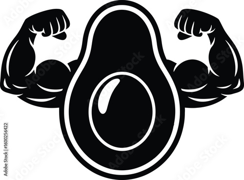 Strong avocado silhouette flexing muscular arms symbolizing healthy eating and fitness lifestyle silhouette