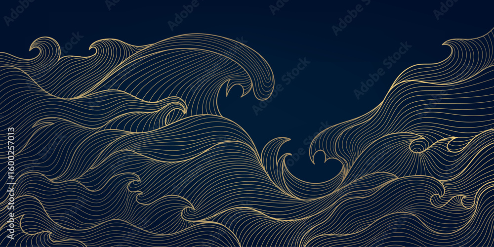 Vector line water wavy pattern , golden line on black japanese style ocean ornament. Luxury abstract flow background, modern curve elegant asian design