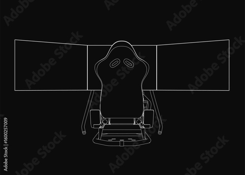 A black and white racing seat drawing stands out with crisp white contours against a dark background. The minimalist design suits gaming and simulator themes. The stark contrast enhances the sleek.