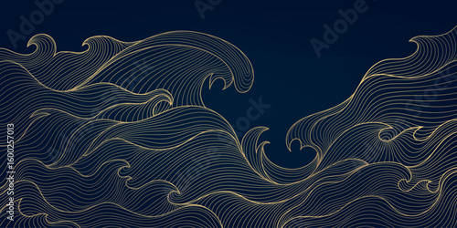 Vector line water wavy pattern , golden line on black japanese style ocean ornament. Luxury abstract flow background, modern curve elegant asian design