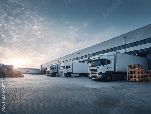 Modern logistics terminal with multiple trucks at loading bays in early morning light