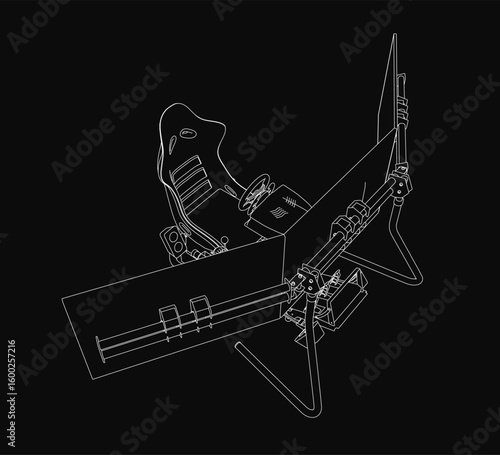 Black and white drawing of an F1 racing simulator seat with a steering wheel, set against a dark background. The contour design enhances the realistic driving experience for gaming enthusiasts.