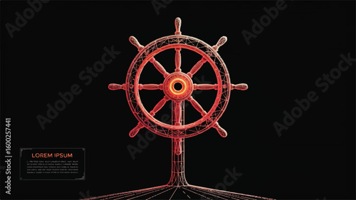 Glowing red futuristic ship's helm in a wireframe polygonal style on a dark background